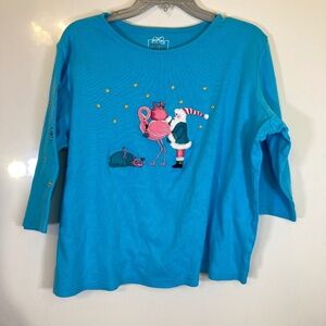 Allyson Whitmore Blue Long Sleeve Shirt Sz XL Christmas Santa Flamingo Seahorse